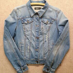 EARL Jean Denim Light Medium Wash Blue Jacket Button-Up Women’s MEDIUM Distress